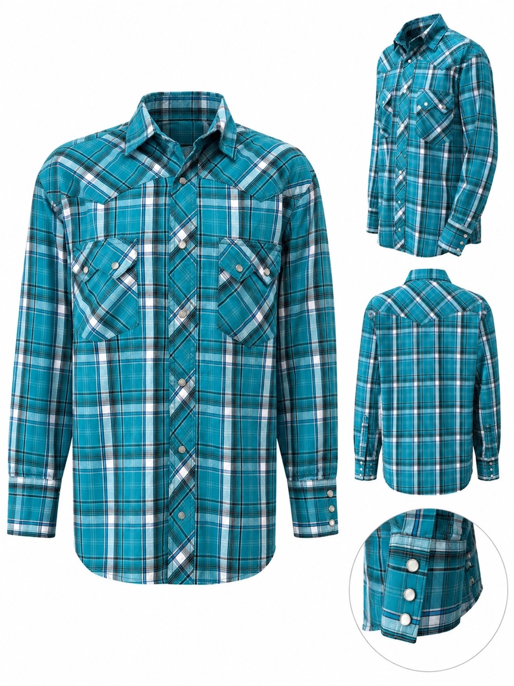Wrangler Western Pearl Snap Plaid Shirt Teal Blue Men’s Medium Long Sleeve